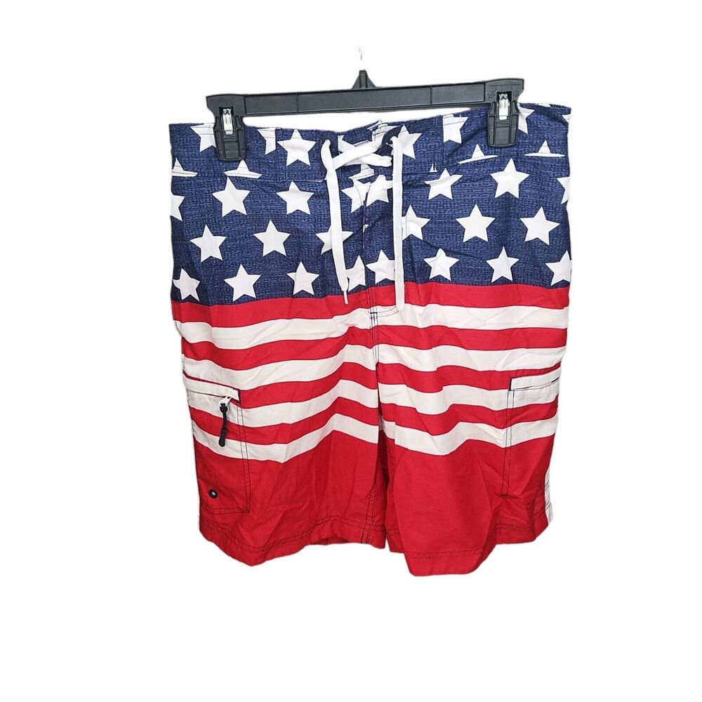 Wave Zone Mens Size M Blue Red American Flag Swim Trunks Board Short